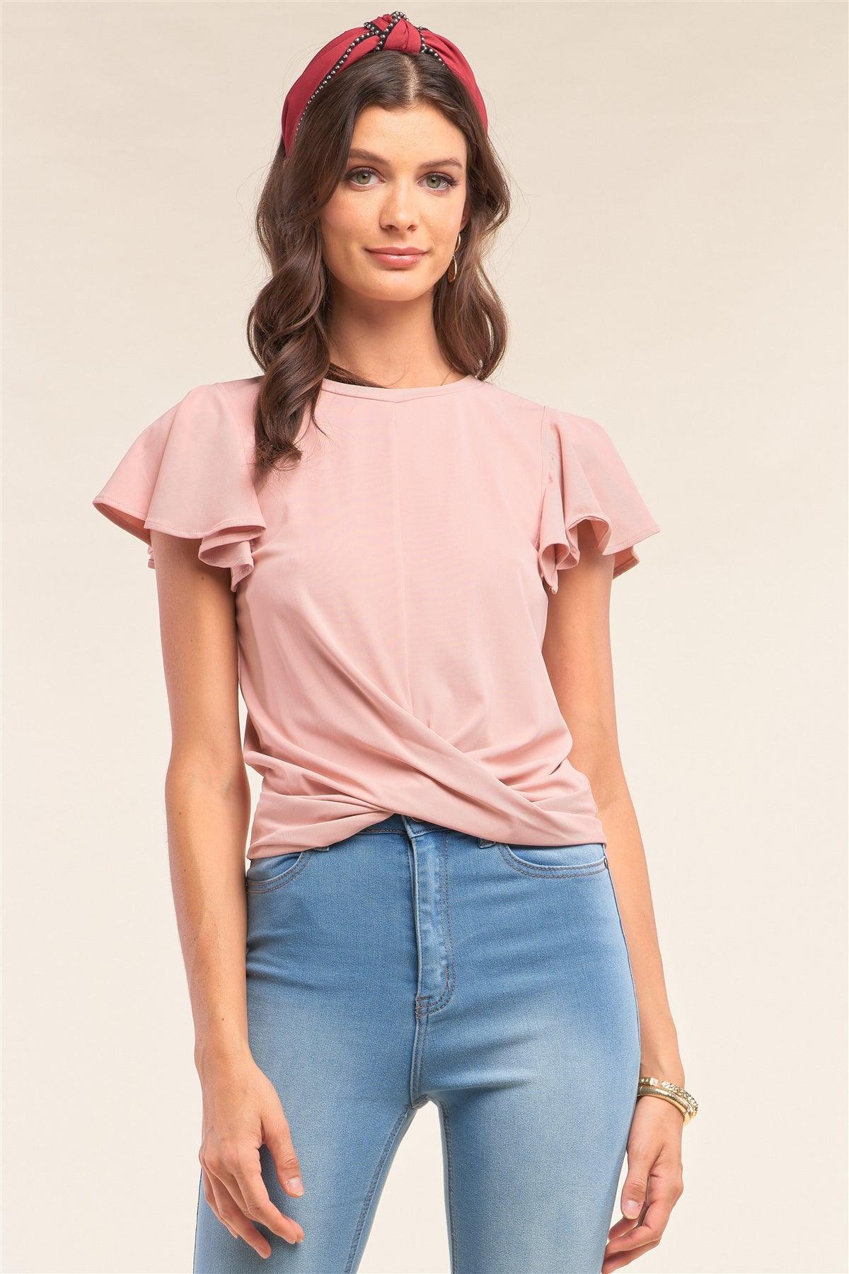 Blush Pink Relaxed Fit Round Neck Flare Sleeve Front Twist Detail Top /1-2-2-1