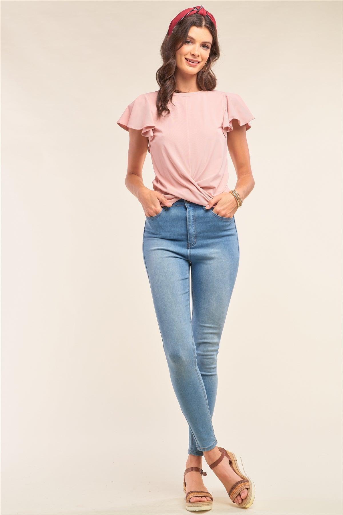 Blush Pink Relaxed Fit Round Neck Flare Sleeve Front Twist Detail Top /1-2-2-1