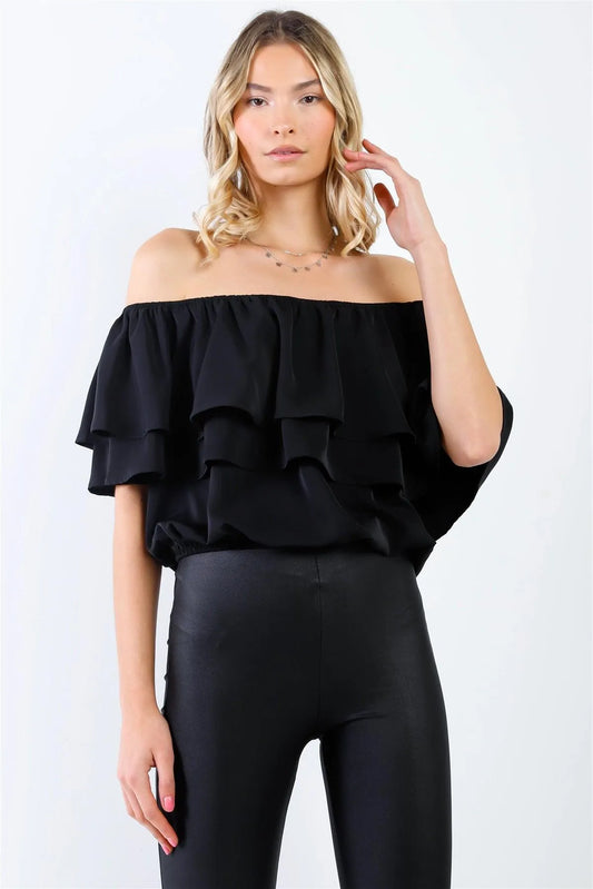 Black Ruffled Off-The-Shoulder Elasticized Trim Crop Top /1-1-2-1-1 - Tasha Apparel Wholesale