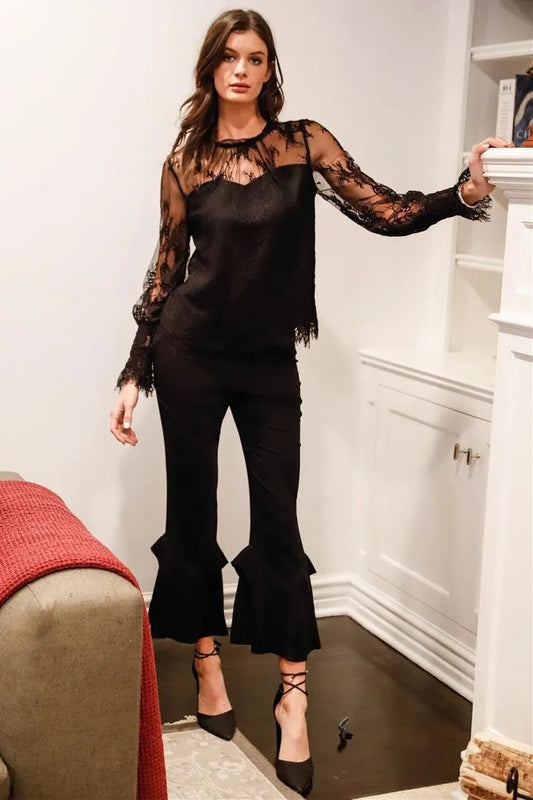 Black Floral Lace Mock Neck Lined Long Sleeve Top /1-2-2-1 - Tasha Apparel Wholesale