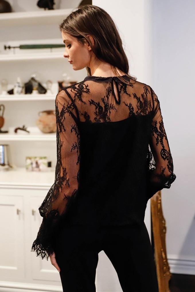 Black Floral Lace Mock Neck Lined Long Sleeve Top /1-2-2-1