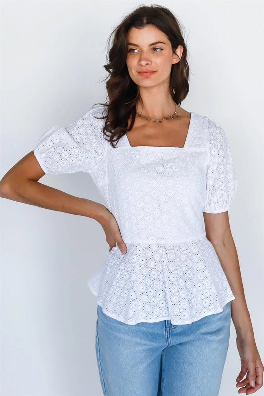 White Embroidered Balloon Short Sleeve Back Tie Top - Tasha Apparel Wholesale