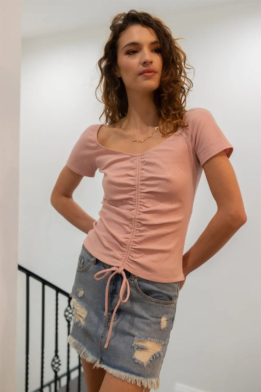Blush Ribbed Front Ruched Detail Top /3-2 - Tasha Apparel Wholesale
