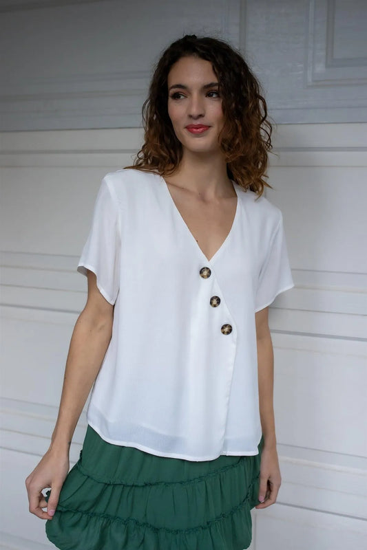 White Viscose Contrast Button Up Detail V-Neck Top /2-2-1 - Tasha Apparel Wholesale