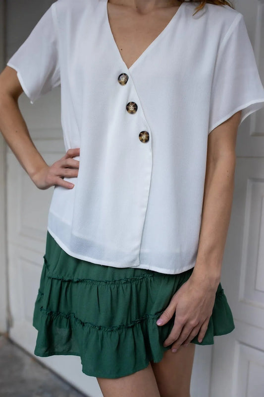 White Viscose Contrast Button Up Detail V-Neck Top /1-2-2-1 - Tasha Apparel Wholesale