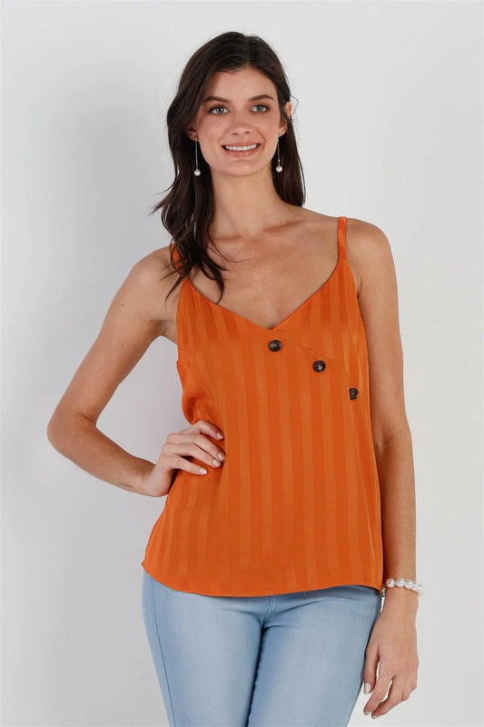 Rust Stripe Satin Effect Button Detail Cami Top /1-2-2-1 - Tasha Apparel Wholesale