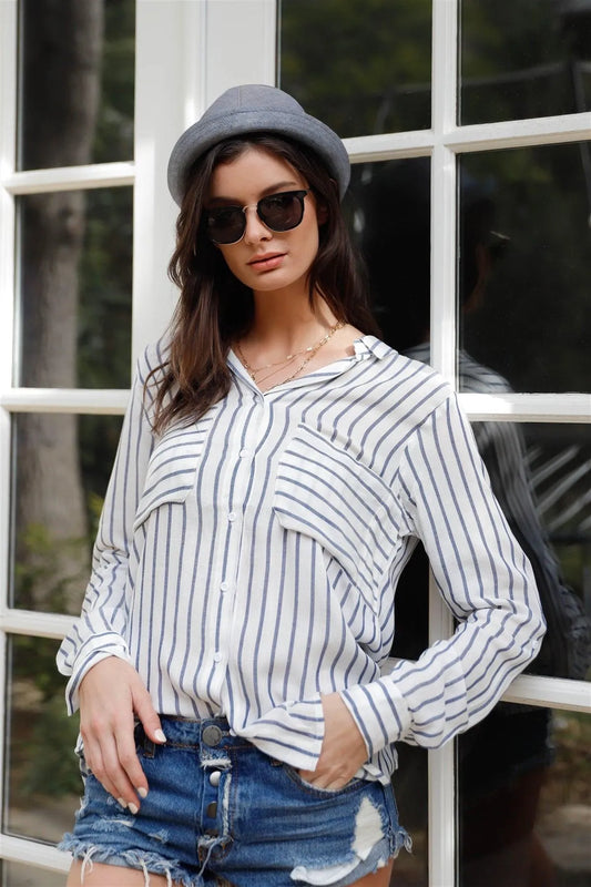 White & Navy Stripe Roll Up Long Sleeve Shirt Top /2-1-2-1 - Tasha Apparel Wholesale