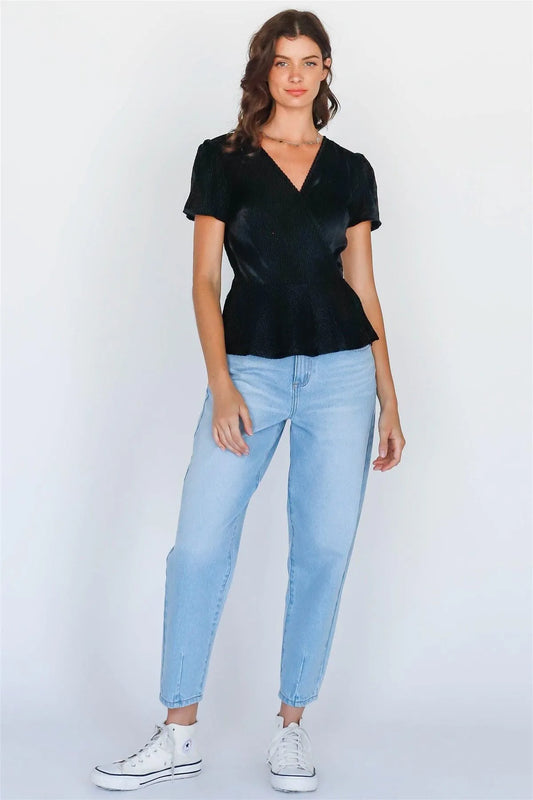 Black Velvet Wrap V-Neck Self Tie Short Sleeve Top /1-2-2-1 - Tasha Apparel Wholesale