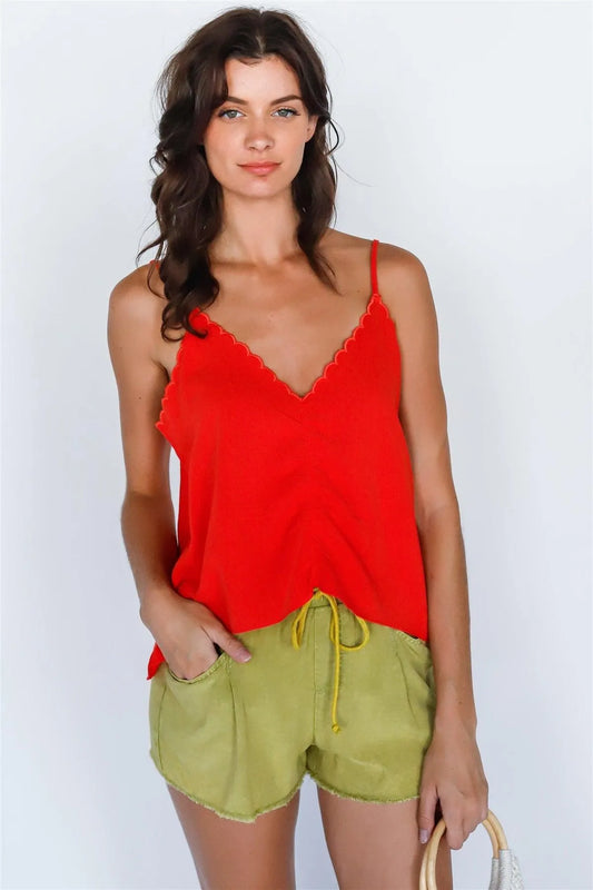Red Contrast Trim Ruched Detail Cami Top /1-2-2-1 - Tasha Apparel Wholesale