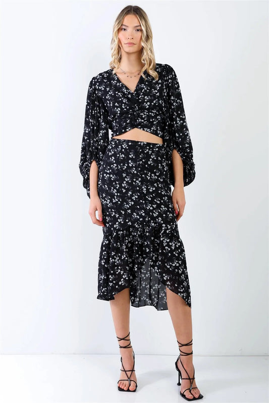 Black & White Floral Twist Detail Puff Balloon Midi Sleeve Top & Button Up Ruffle Hem High-Low Midi Skirt Set /2-1-1 - Tasha Apparel Wholesale