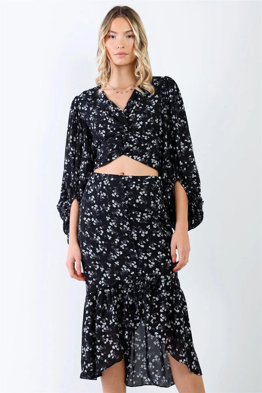 Black & White Floral Twist Detail Puff Balloon Midi Sleeve Top & Button Up Ruffle Hem High-Low Midi Skirt Set /1-2-1-1 - Tasha Apparel Wholesale