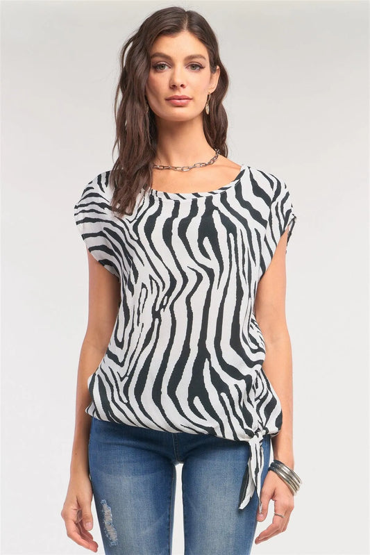 Cream&Black Zebra Print Loose Fit Round Neck Self-Tie Detail Top /2-2-2 - Tasha Apparel Wholesale