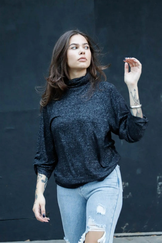 Black Turtleneck 3/4 Twisted Sleeve Detail Top /1-2-1 - Tasha Apparel Wholesale