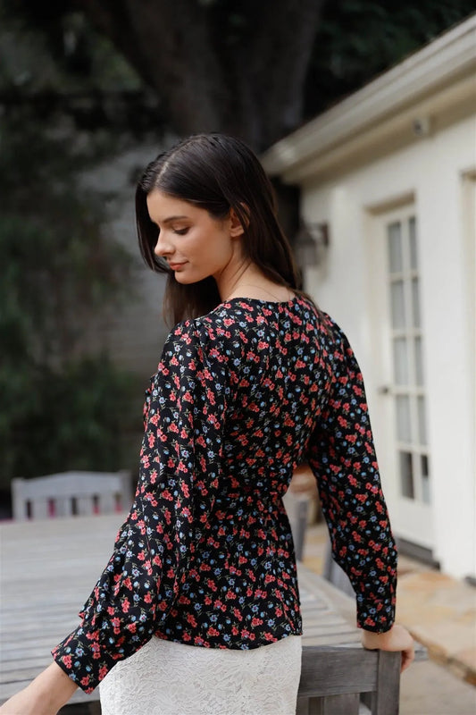 Black Multi Color Floral Print Ruched Waist Detail Long Balloon Sleeve Top /1-1-2-1 - Tasha Apparel Wholesale