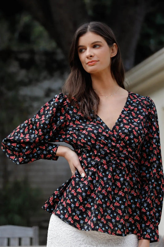 Black Multi Color Floral Print Ruched Waist Detail Long Balloon Sleeve Top /1-2-2-1 - Tasha Apparel Wholesale