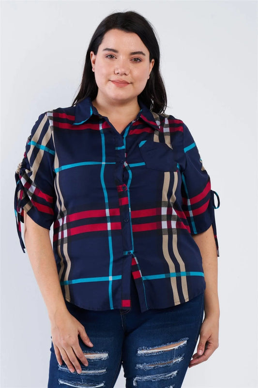 Plus Size Blue Plaid Multi Stripe Cinched Sleeve Button Down Top /2-2-2 - Tasha Apparel Wholesale