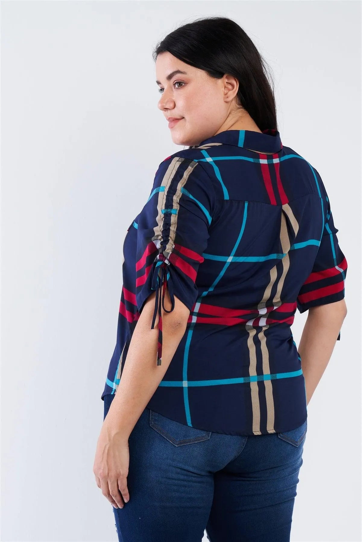 Plus Size Blue Plaid Multi Stripe Cinched Sleeve Button Down Top /2-2-2 - Tasha Apparel Wholesale