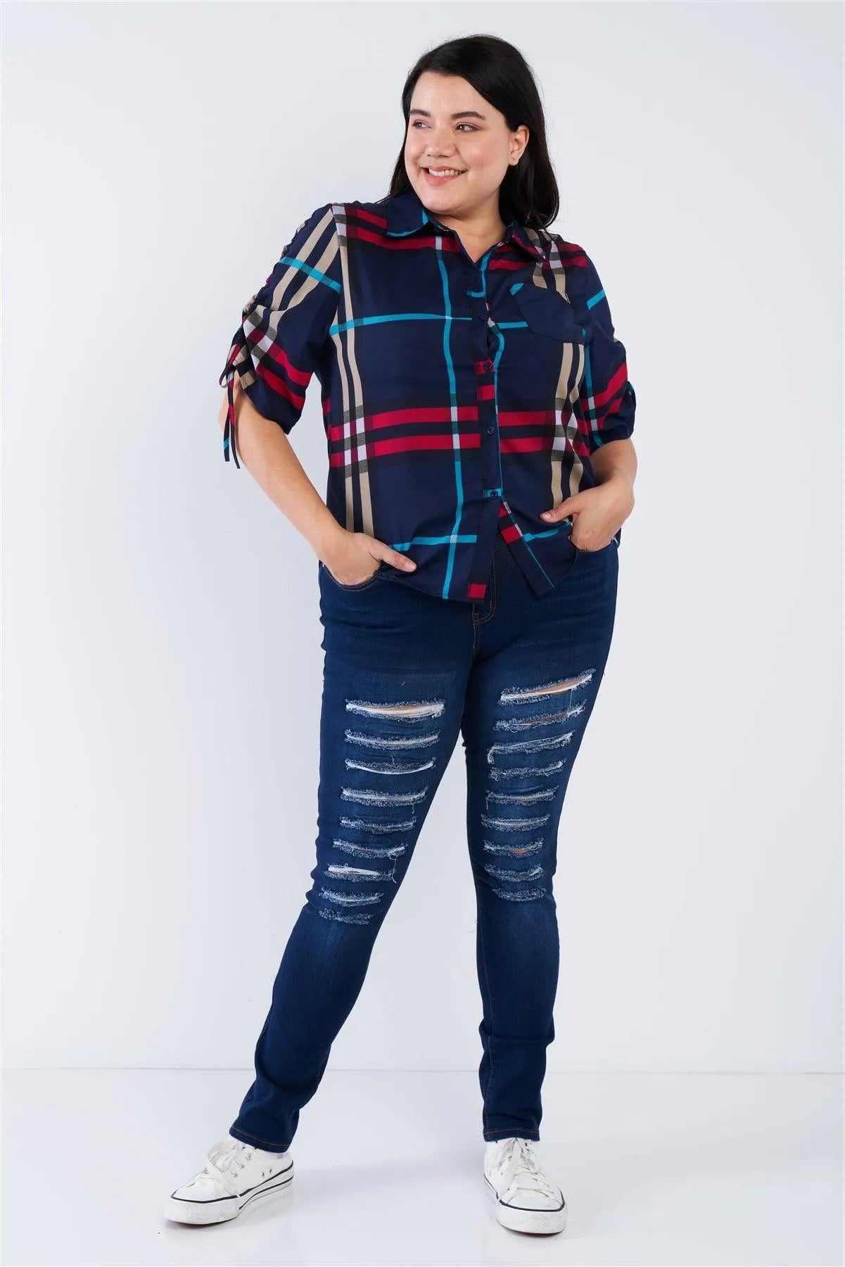 Plus Size Blue Plaid Multi Stripe Cinched Sleeve Button Down Top /2-2-2 - Tasha Apparel Wholesale