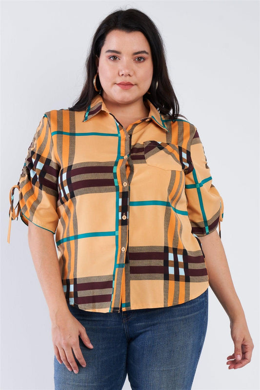 Wholesale Junior Plus Size Mustard Yellow Plaid Multi Stripe Cinched Sleeve Button Down Top