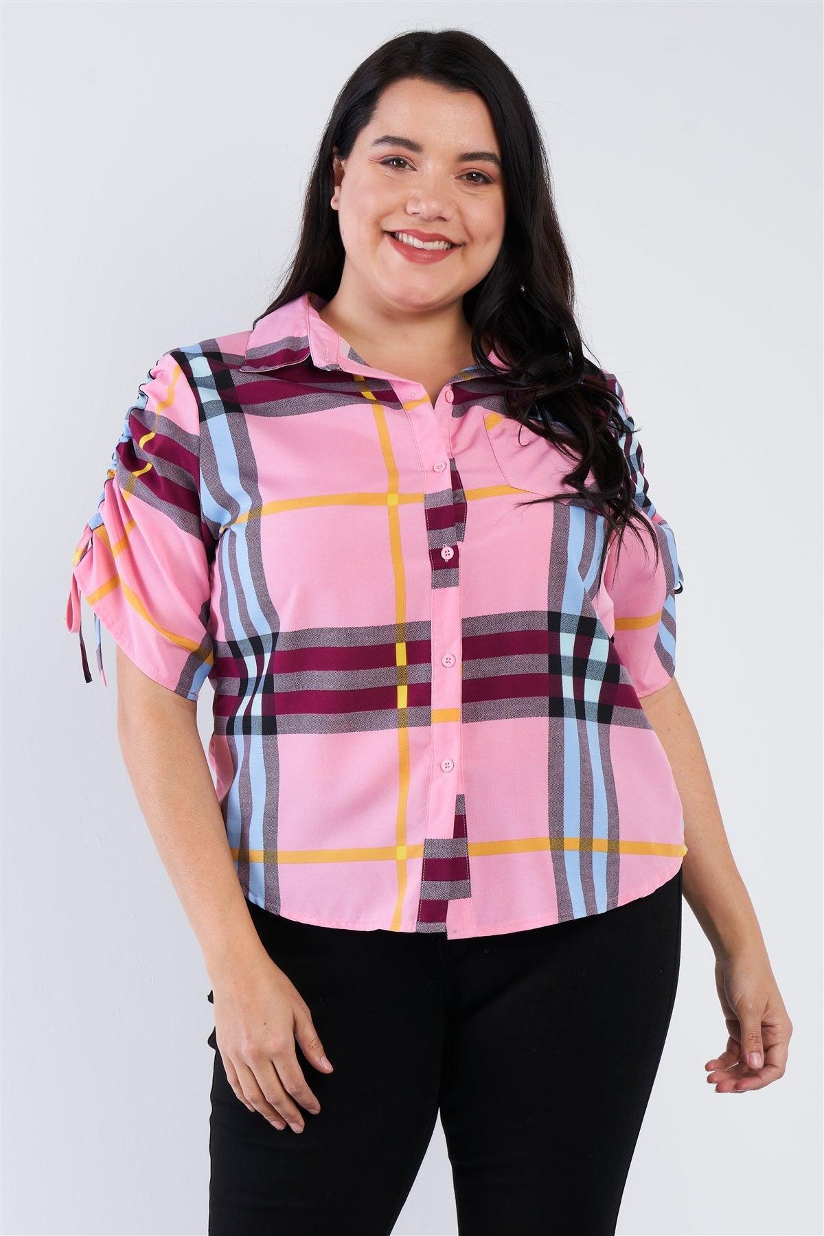 Plus Size Pink Plaid Multi Stripe Cinched Sleeve Button Down Top  /2-2-2