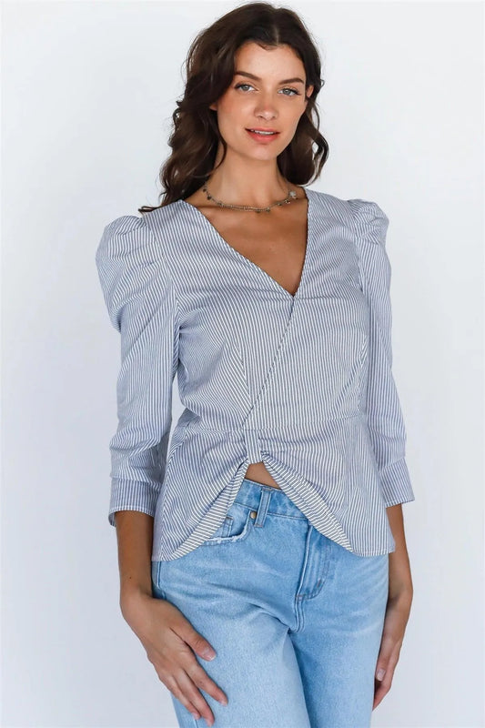 White Black Striped Wrap V-Neck Puff Midi Sleeve Top /1-2-2-1 - Tasha Apparel Wholesale