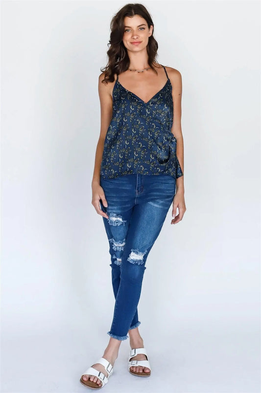 Blue Multi Floral Print Wrap V-Neck Sleeveless Top /1-2-2-1 - Tasha Apparel Wholesale