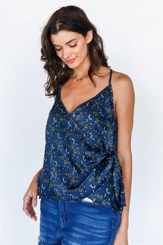 Blue Multi Floral Print Wrap V-Neck Sleeveless Top /2-3-1 - Tasha Apparel Wholesale