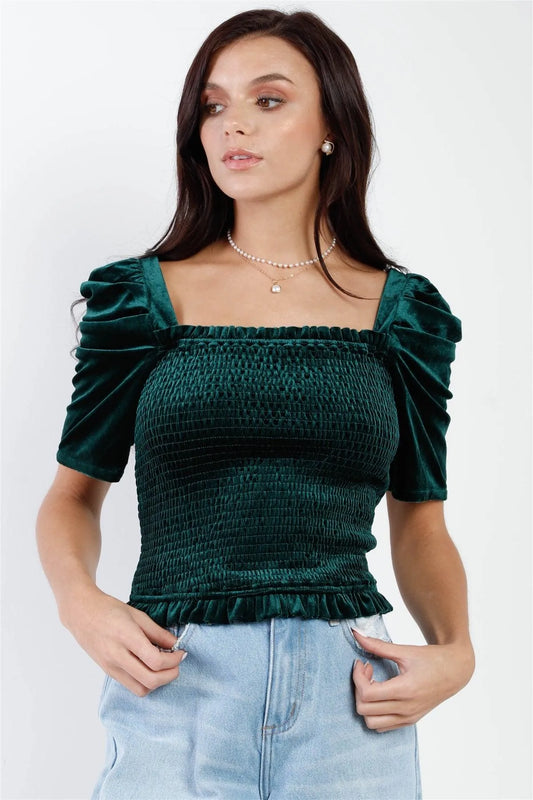 Green Velvet Smocked Puff Draped Short Sleeve Top /2-3-1 - Tasha Apparel Wholesale