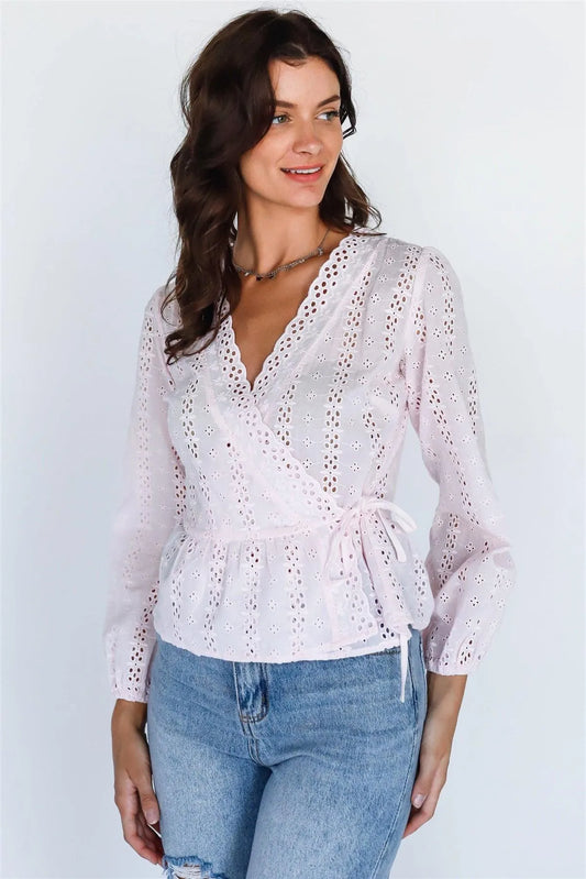 Lavender Cotton Embroidered Wrap Balloon Midi Sleeve Top - Tasha Apparel Wholesale