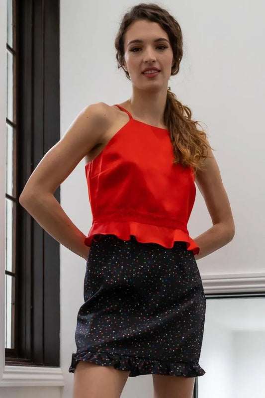 Red Satin Effect Lace Hem Detail Back Cut-Out Sleeveless Top /1-3-3 - Tasha Apparel Wholesale