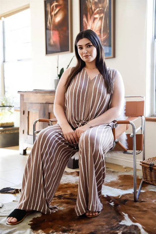 Taupe Striped Front Self-Tie Sleeveless Top & Stripped Smock Waist Wide Leg Pant Set /3 - Tasha Apparel Wholesale