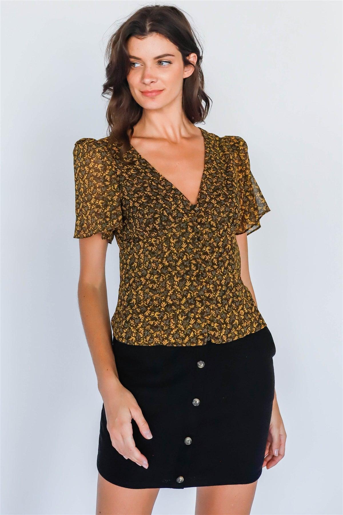 Yellow Multi Floral Print Button-Up V-Neck Top