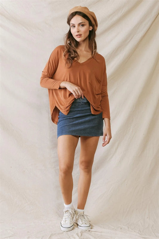 Amber Trim Detail Pocket Front Long Sleeve Relax Top /3-2 - Tasha Apparel Wholesale