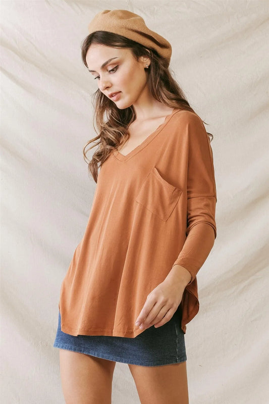 Amber Trim Detail Pocket Front Long Sleeve Relax Top /1-3-2 - Tasha Apparel Wholesale