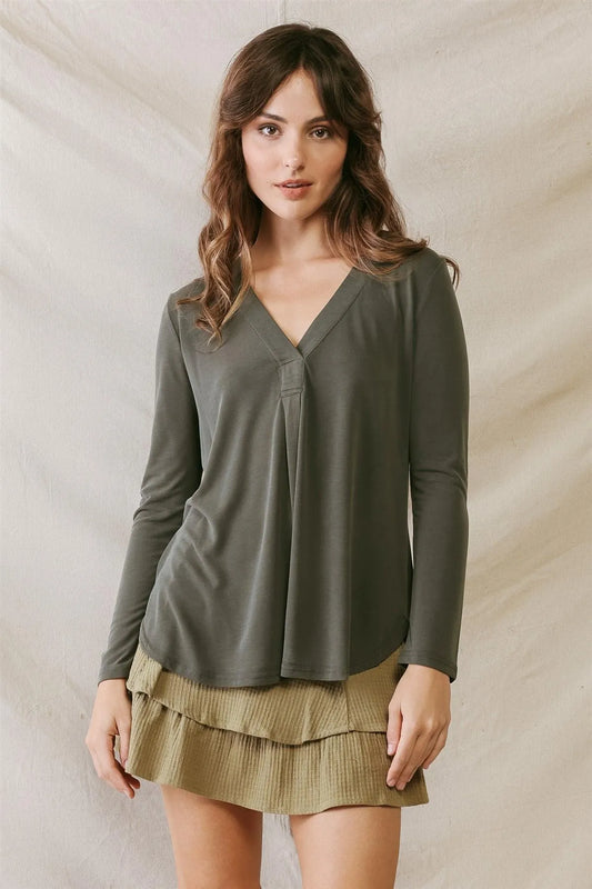 Dark Green V-Neck Long Sleeve Basic Relax Top /2-3-2 - Tasha Apparel Wholesale