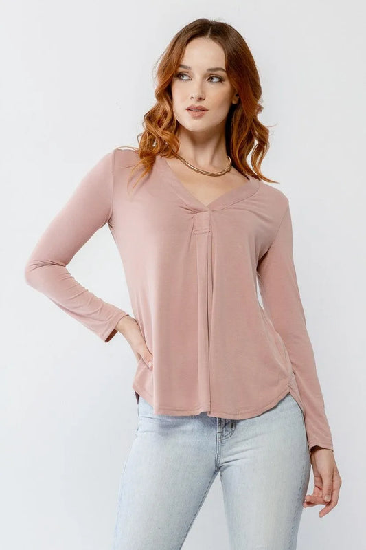 Mauve V-Neck Long Sleeve Basic Relax Basic Top /2-2-2 - Tasha Apparel Wholesale