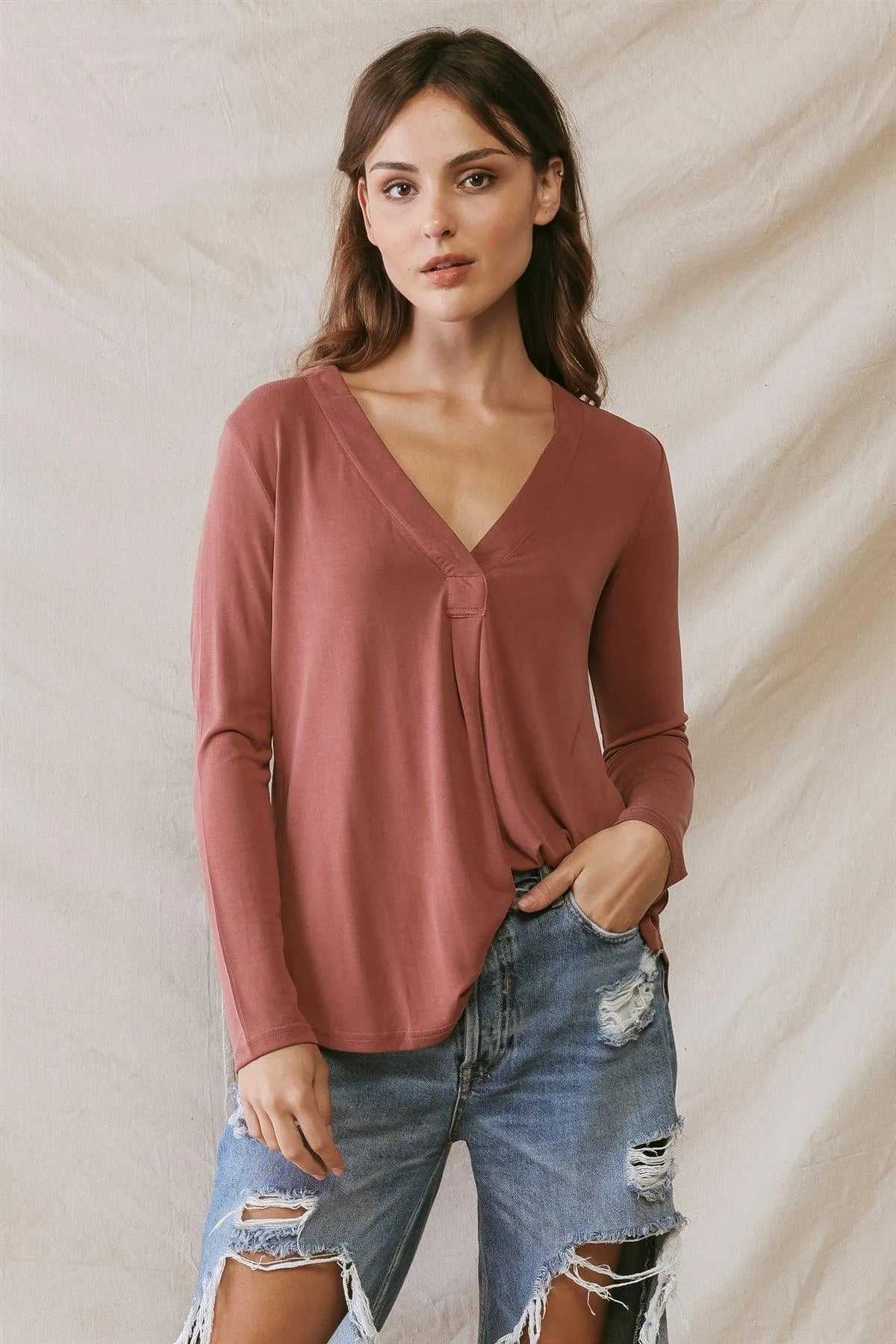 Sienna V-Neck Long Sleeve Basic Relax Top /2-2-2 - Tasha Apparel Wholesale