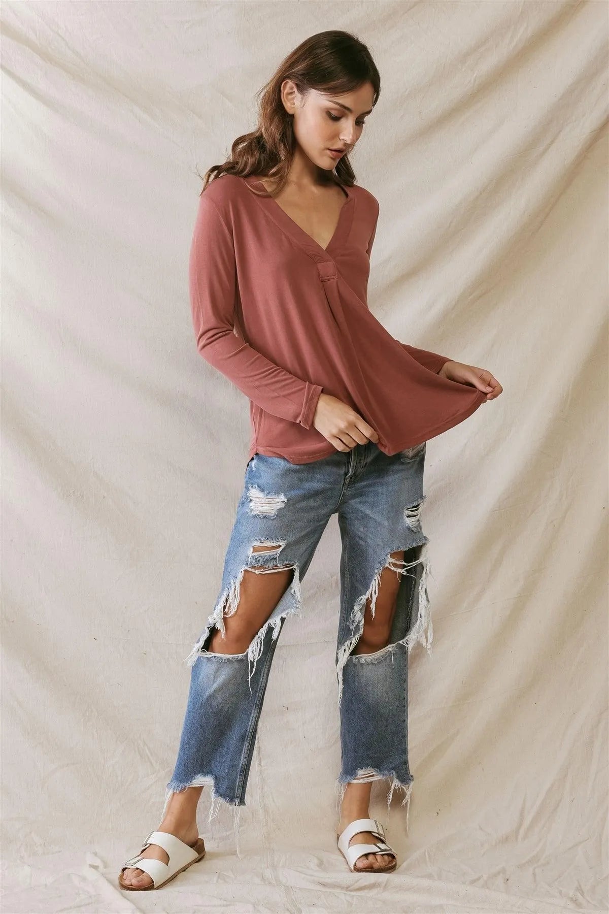 Sienna V-Neck Long Sleeve Basic Relax Top /2-2-2 - Tasha Apparel Wholesale