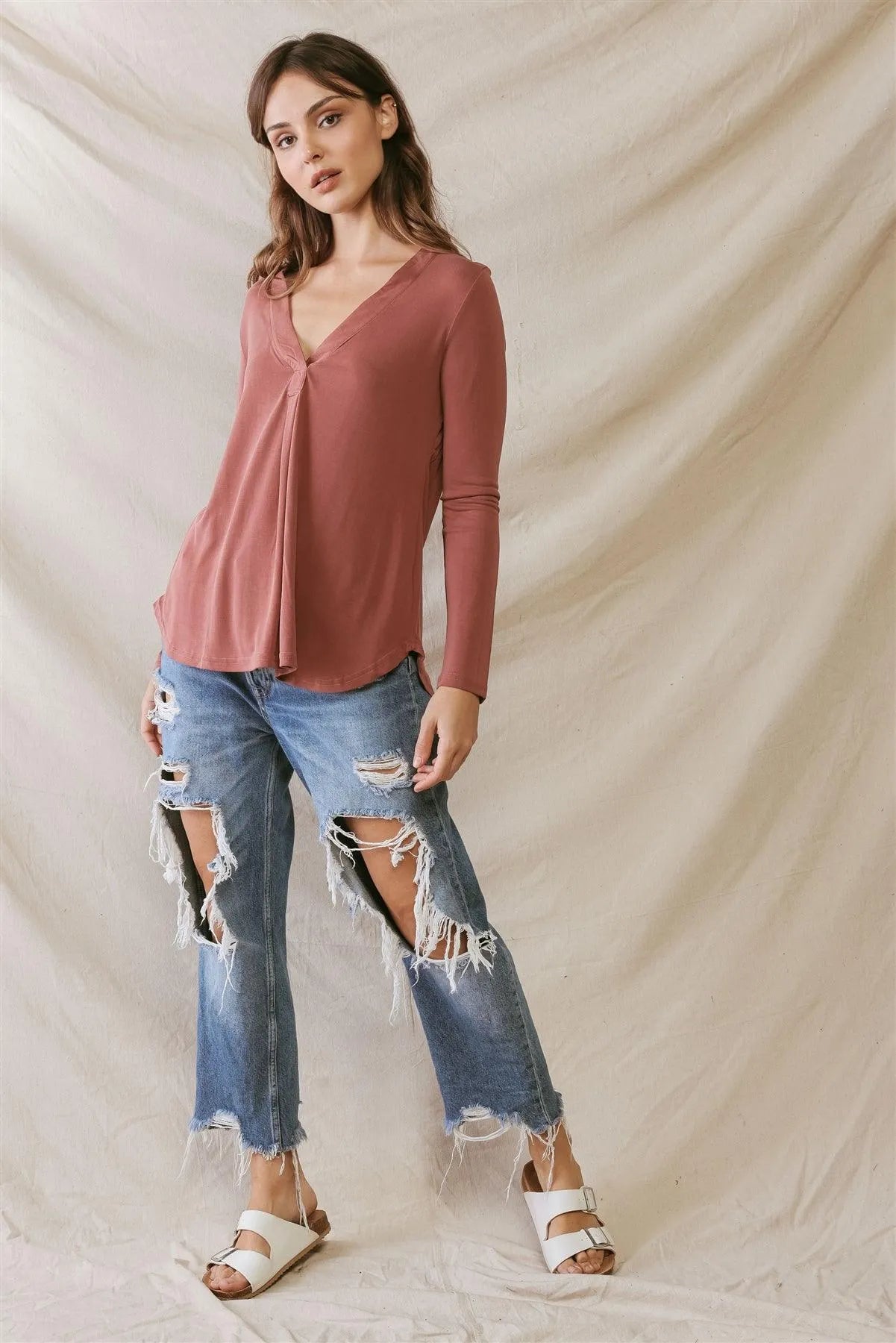Sienna V-Neck Long Sleeve Basic Relax Top /2-2-2 - Tasha Apparel Wholesale
