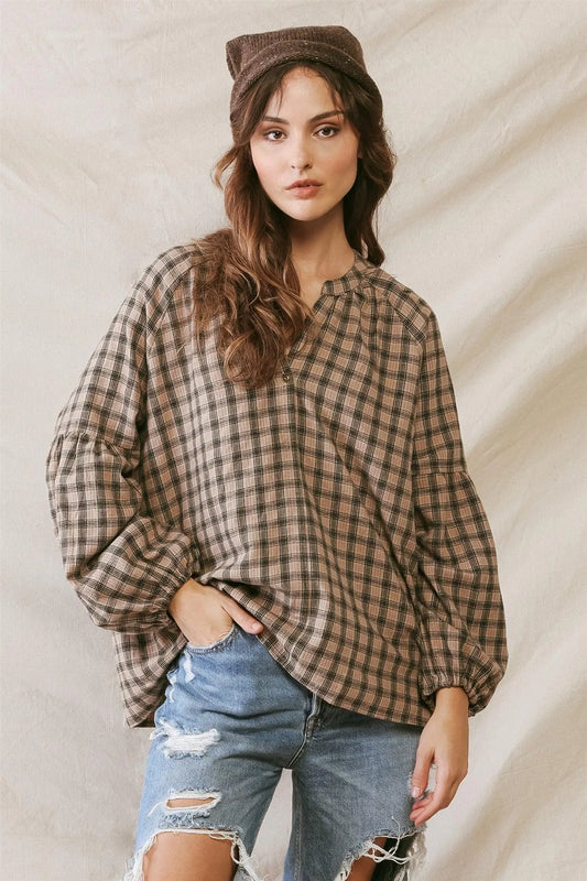 Sand Back Plaid Cotton Material V-Neck Long Sleeve Relax Top /2-2-2 - Tasha Apparel Wholesale