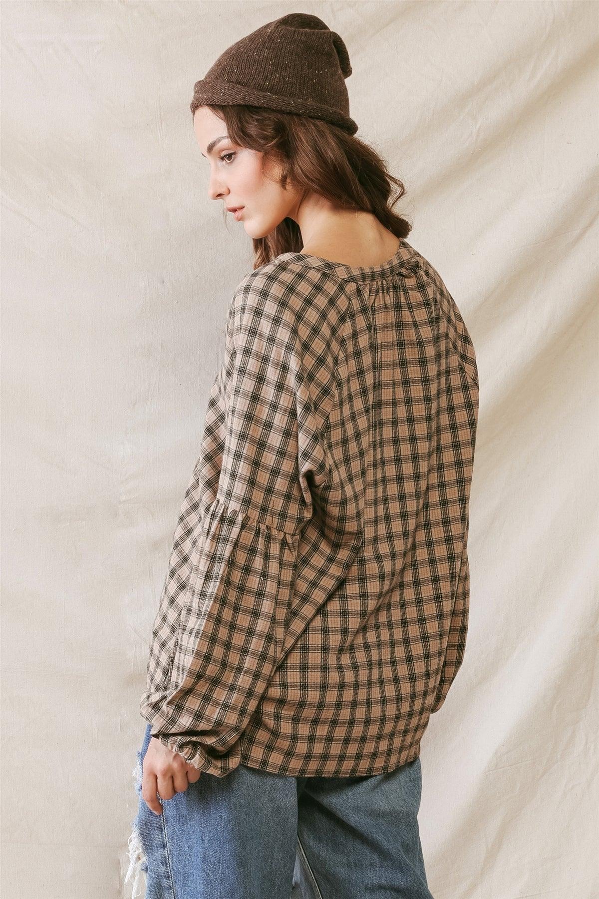 Sand Back Plaid Cotton Material V-Neck Long Sleeve Relax Top /2-2-2