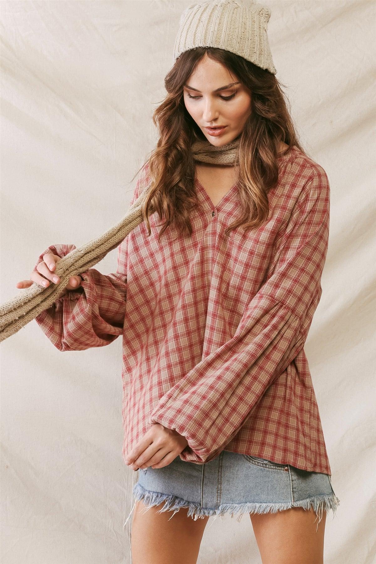 Sand Wine Plaid Cotton Material V-Neck Long Sleeve Relax Top /2-2-2