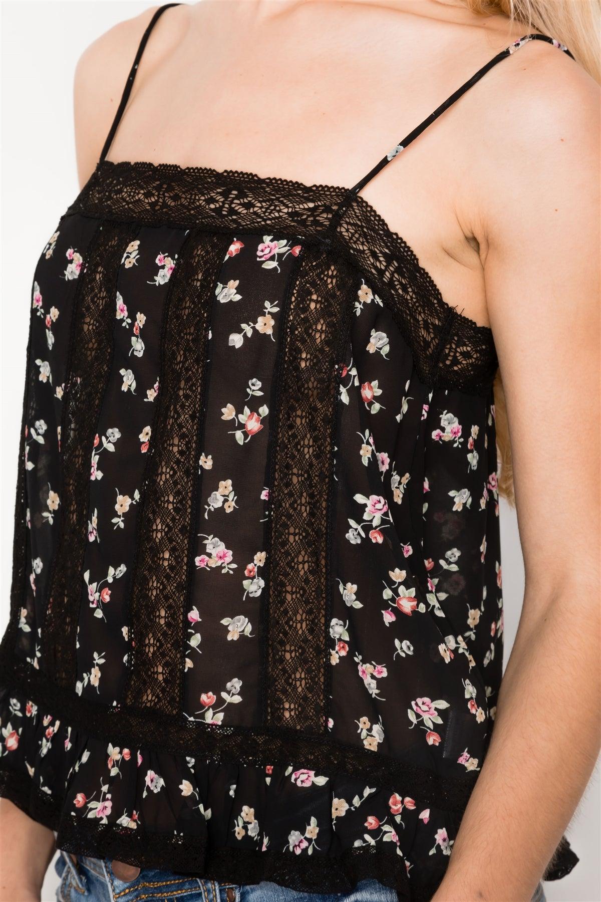 Black Floral Print Lace Trim Cami Sheer Top / 3-2-1