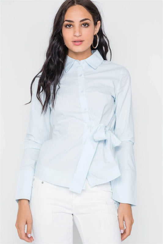 Light Blue Button Down Site Tie Top - Tasha Apparel Wholesale