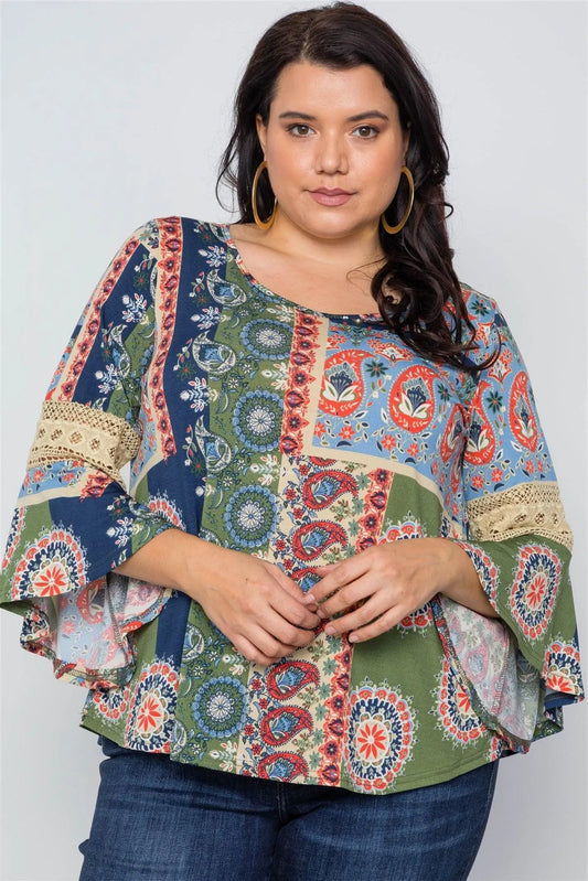 Boho Multi Color Boho Contemporary Bell Sleeve Plus Size Top - Tasha Apparel Wholesale