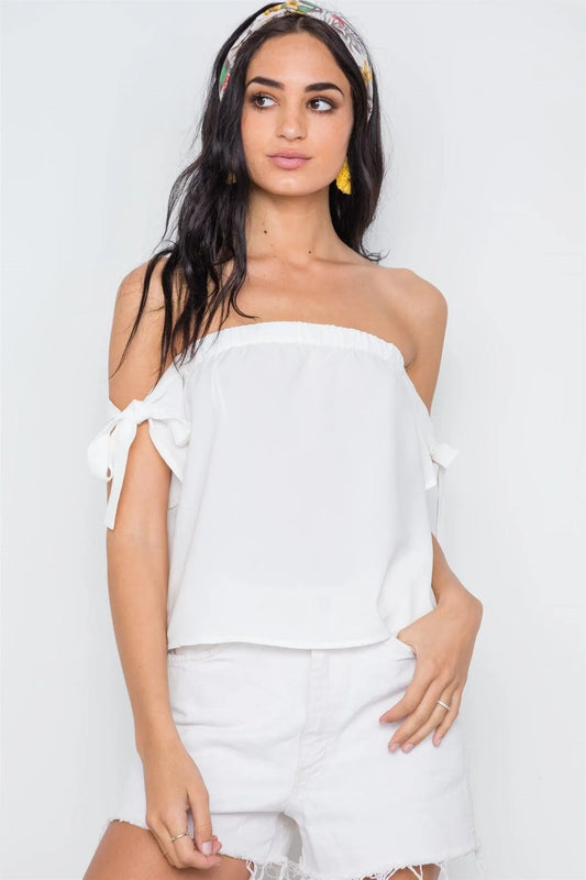Off White Strapless Self Tie Sleeves Solid Top /3-2-1 - Tasha Apparel Wholesale
