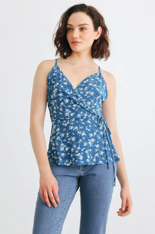 Denim & White Floral Sleeveless Wrap Tie Neck Top /2-2-2 - Tasha Apparel Wholesale