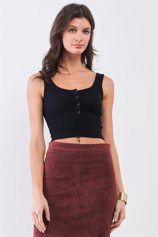 Black Rib Round Neck Sleeveless Front Snap Button Down Crop Tank Top /2-2-1 - Tasha Apparel Wholesale