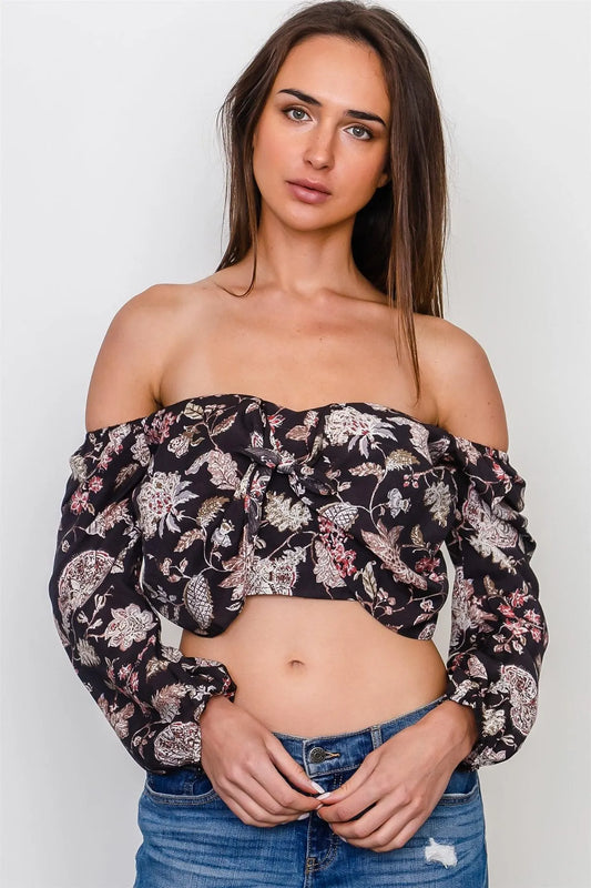 Floral Brown Off The Shoulder Crop Top /3-2-1 - Tasha Apparel Wholesale