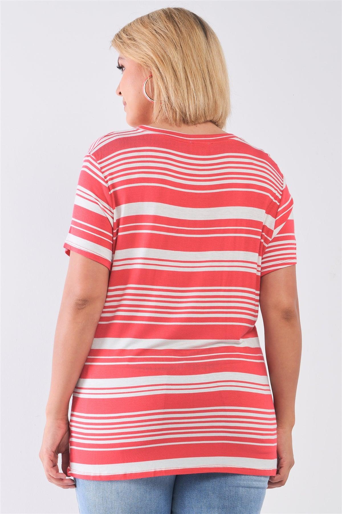 Junior Plus Coral Striped and Distressed Cut-Out Top /2-2-2